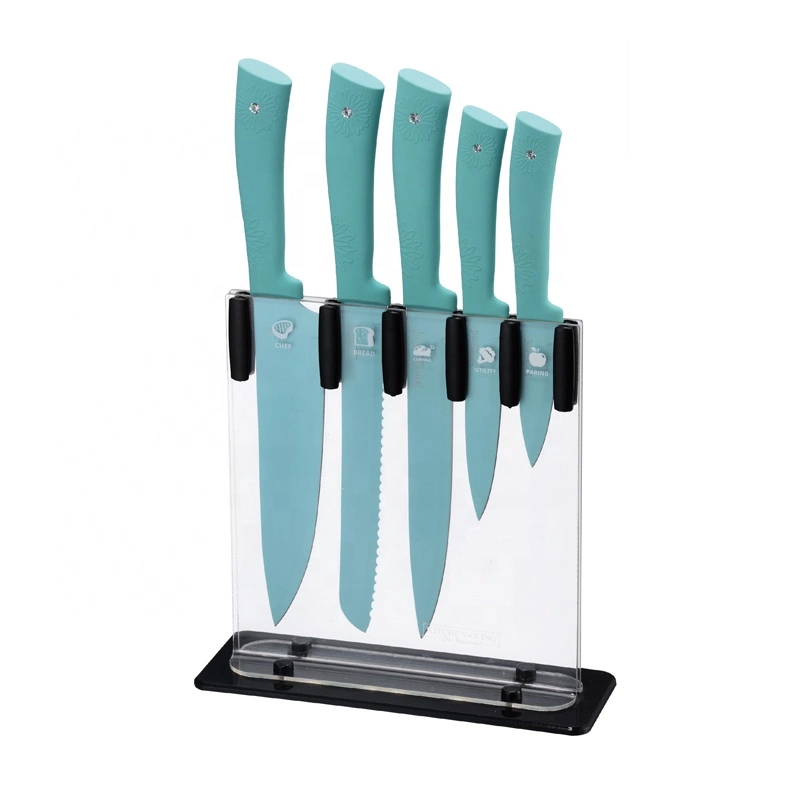 Flower Diamond Plastic Handle 6pcs Chef Basic Stainless Steel Knife Set with Acrylic Stand 