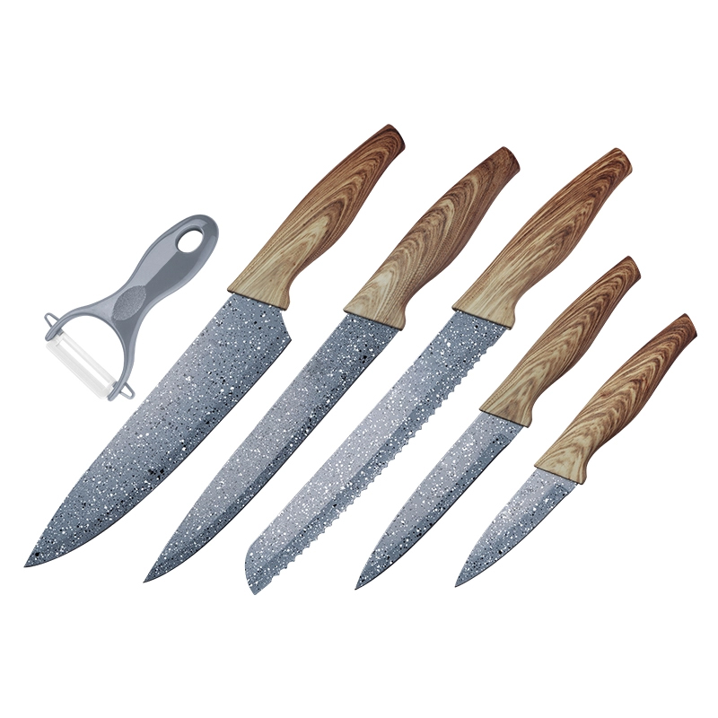 Wooden Coated Handle 6pcs Kitchen Chef Knife Set with Marbled Painting