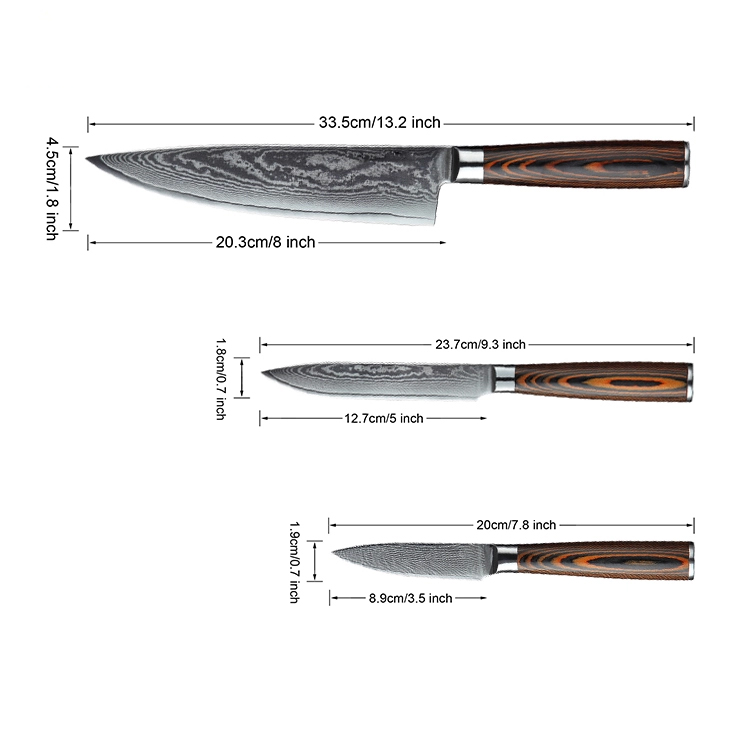 Damascus Knife Set 3PCS Professional VG-10 67 Layers Damascus Knife Set