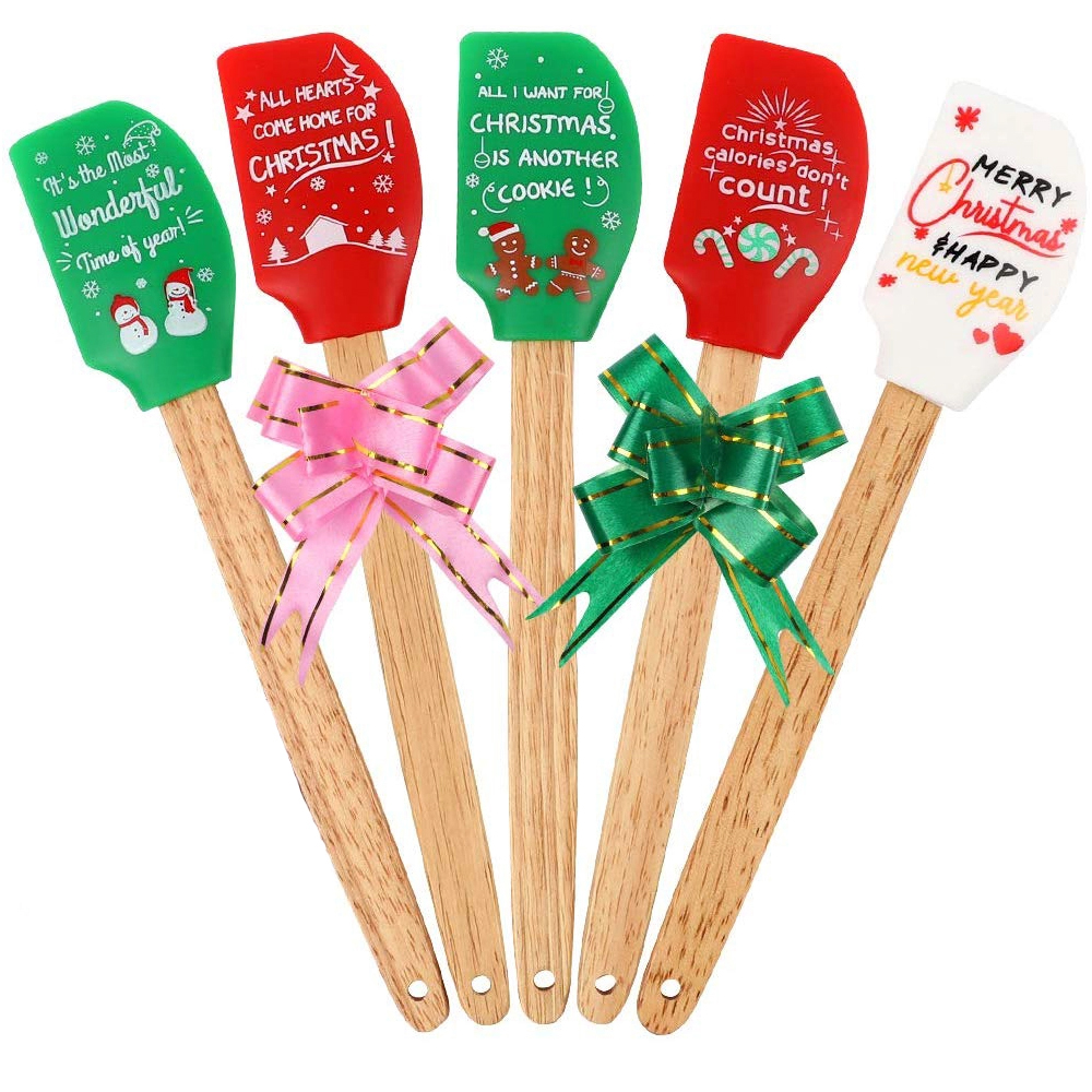 6Packs Great Printing Christmas Silicone Spatula Gift Set With Natural Wooden Handle